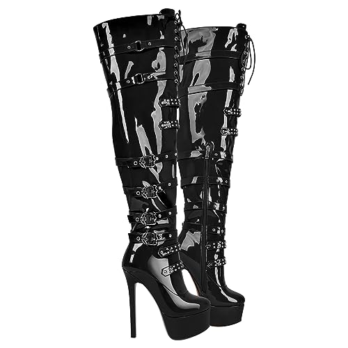 blingqueen Damen Plateau Overknee Stiefel Punk Boots Stilettos High Heels mit Nieten Schnallen Schnürer Metallic Schwarz 36 EU von blingqueen