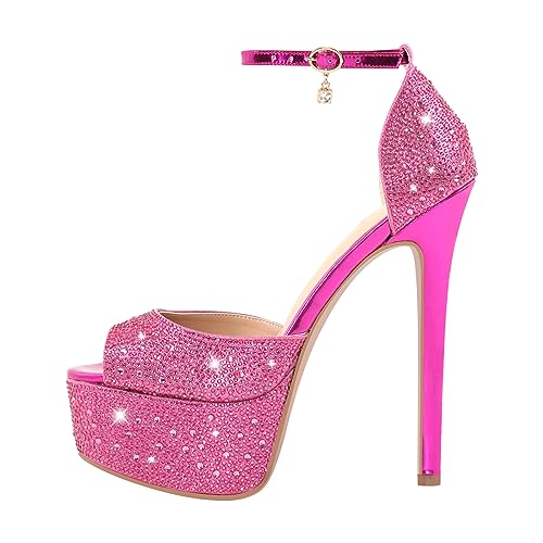 blingqueen Damen Plateau Sandalen Peeptoe Sandaletten High Heels Stiletto Sandaletten Glitzer Fuchsia 37 EU von blingqueen