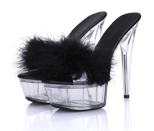 blingqueen Damen Plateau Sandaletten Pumps Transparente Stilettos Marabu High Heels Schwarz 37 EU von blingqueen