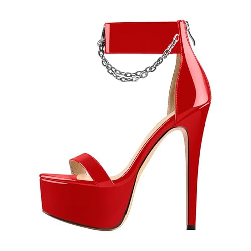 blingqueen Damen Plateau Sandaletten Stiletto High Heels mit Verizierter Metallkette Glitzer Rot 40 EU von blingqueen