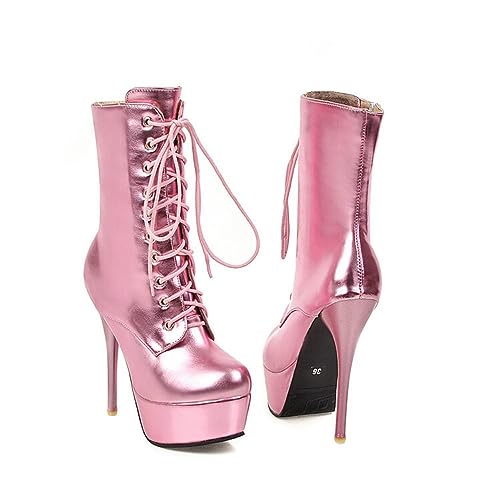 blingqueen Damen Plateau Stiefel Lace up Boots Stiletto Halbstiefel Metallic Pink 43 EU von blingqueen