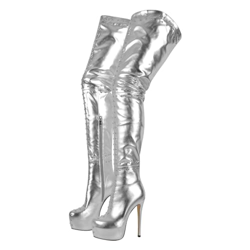 blingqueen Damen Plateau Stiefel Overknee Boots Stiletto mit Nieten Reißverschluss Silber 38 EU von blingqueen