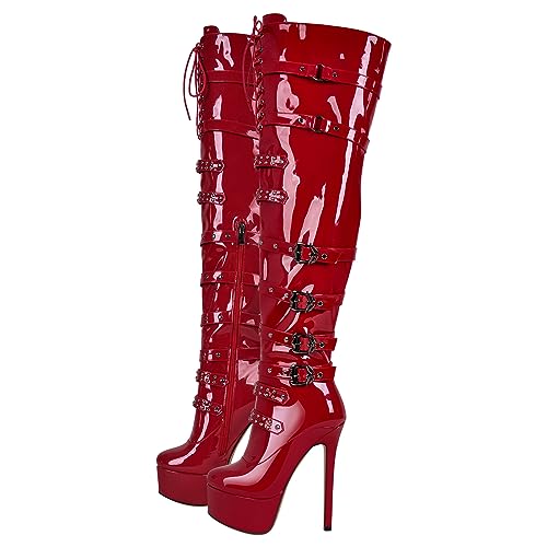 blingqueen Damen Plateau Stiefel Overknee Boots Stilettos High Heels Metallic Rot 38 EU von blingqueen