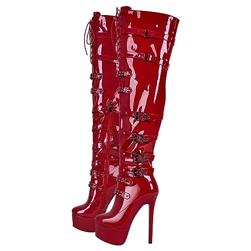 blingqueen Damen Plateau Stiefel Overknee Boots Stilettos High Heels Metallic Rot 39 EU von blingqueen