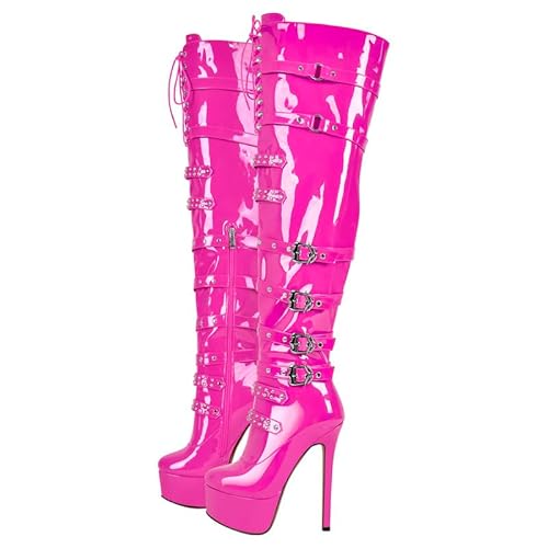 blingqueen Damen Plateau Stiefel Overknee Boots Stilettos High Heels Punk Nieten Schnürstiefel Metallic Pink 37 EU von blingqueen