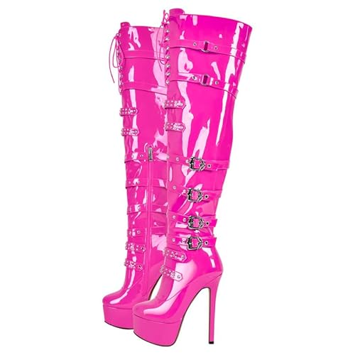 blingqueen Damen Plateau Stiefel Overknee Boots Stilettos High Heels Punk Nieten Schnürstiefel Metallic Pink 39 EU von blingqueen