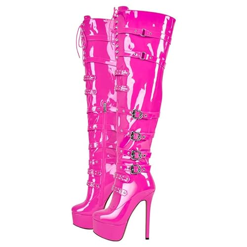 blingqueen Damen Plateau Stiefel Overknee Boots Stilettos High Heels Punk Nieten Schnürstiefel Metallic Pink 46 EU von blingqueen