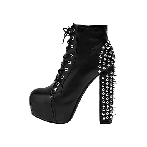 blingqueen Damen Plateau Stiefeletten Blockabsatz Punk Biker Boots Schnürstiefeletten Glattoptik Schwarz 38 EU von blingqueen
