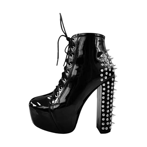 blingqueen Damen Plateau Stiefeletten Blockabsatz Punk Boots Schnürboots mit Nieten Lack Schwarz 42 EU von blingqueen