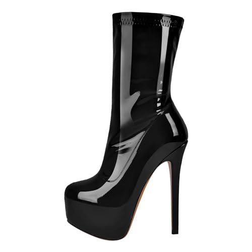 blingqueen Damen Plateau Stiefeletten Gogo Boots Stretch Booties Lack Halbstiefel Schwarz 45 EU von blingqueen