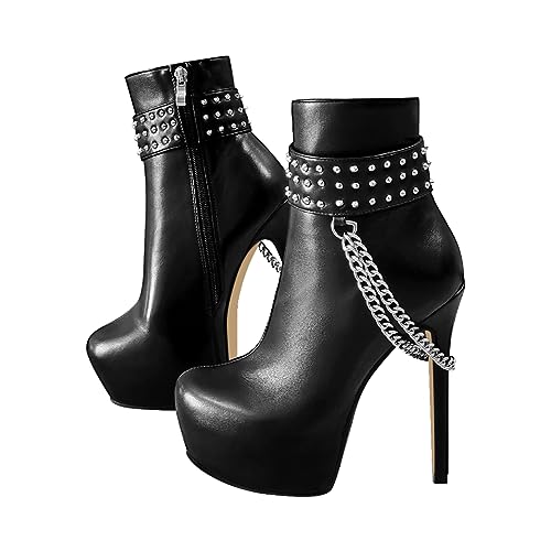 blingqueen Damen Plateau Stiefeletten Stiletto Ankle Boots mit Ketten Nieten Schwarz 41 EU von blingqueen