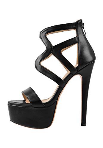 blingqueen Damen Plateau Stiletto Sandalen Reißverschluss Sandaletten High Heels Riemchensandalen Glattleder Schwarz 46 EU von blingqueen