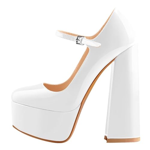 blingqueen Damen Plattform High Heels Mary Jane Halbschuhe Blockabsatz Pumps Damenschuhe mit Schnalle Lackleder Weiß 41 EU von blingqueen