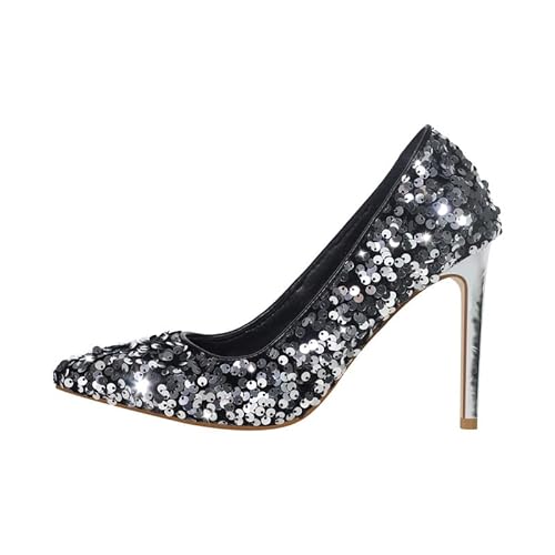 blingqueen Damen Pumps Pfennigabsatz Spitze Zehenkappe ohne Verschluss mit Pailletten Glitzer High Heels Silber 38 EU von blingqueen