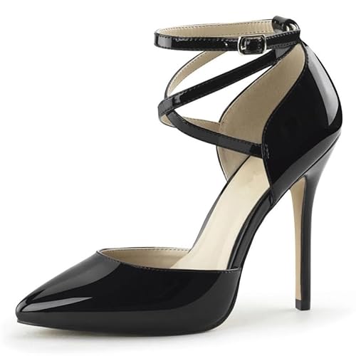 blingqueen Damen Riemchen Pumps Klassische Spitze High Heels Stiletto Lackoptik Schwarz 46 EU von blingqueen