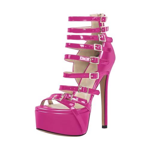 blingqueen Damen Riemchen Sandalen Plateau Stiletto High Heels mit Schnallen Metallic Fuchsia 38 EU von blingqueen