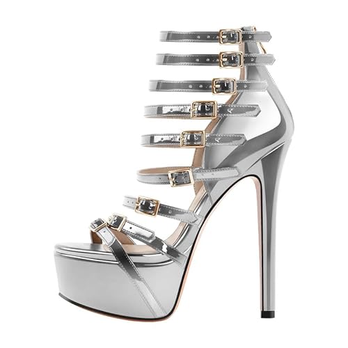 blingqueen Damen Riemchen Sandaletten Plattform Stiletto High Heels Runde Offene Zehen mit Schnallen Metallic Silber 37 EU von blingqueen