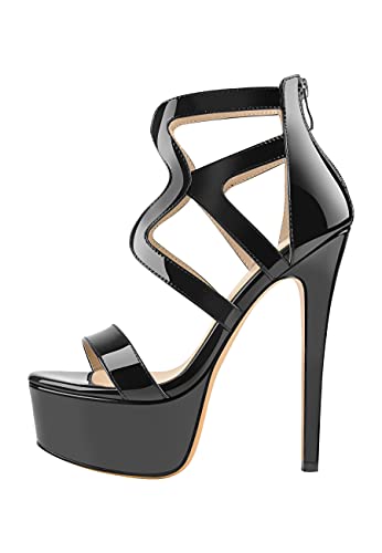 blingqueen Damen Riemchensandalen Plateau Sandaletten Stiletto Absatz Sommerschuhe Schwarz Lack High Heels 46 EU von blingqueen