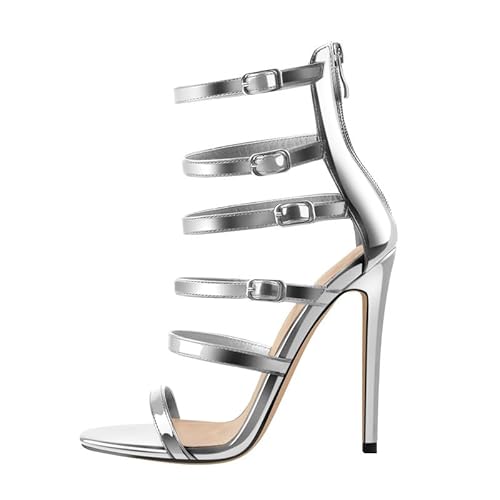 blingqueen Damen Riemchensandalen Stiletto High Heels Runde Offene Zehen Sandaletten Schnalle Silber 46 EU von blingqueen