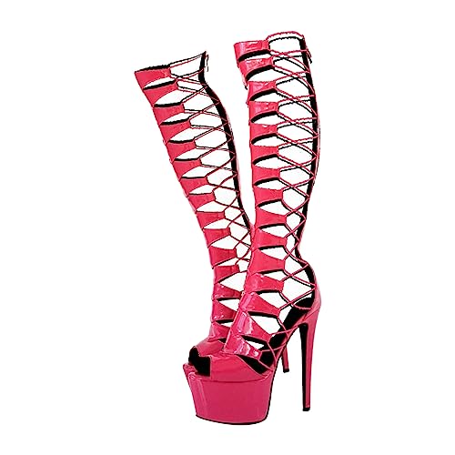 blingqueen Damen Römersandalen Peeptoe Plateau Sandaletten Stiletto High Heels Lack Fuchsia Rosa 46 EU von blingqueen