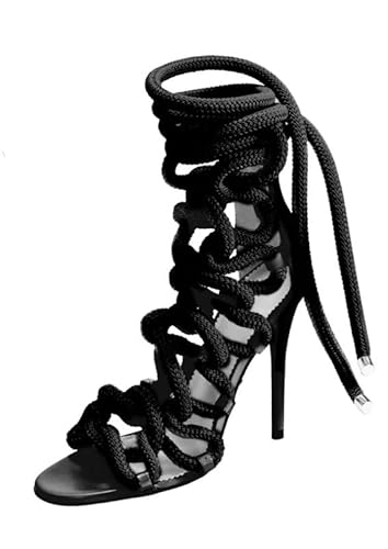 blingqueen Damen Römische Sandalen mit Stiletto Absatz Schnürsandalen Runde Offene Zehen High Heels Schwarz 46 EU von blingqueen
