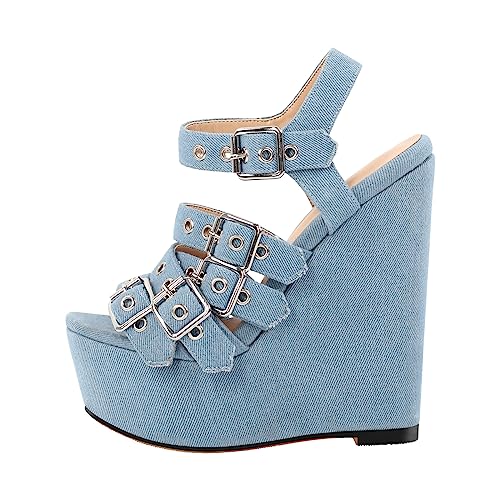 blingqueen Damen Sandalen Peeptoe Plateau Keilabsatz High Heels Jeans Hellblau 45 EU von blingqueen