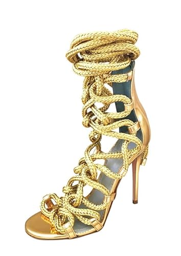 blingqueen Damen Sandaletten Gladiator High Heels Römersandalen Stiletto Schnürsandalen Lace up Sandals Sommerschuhe Gold 39 EU von blingqueen