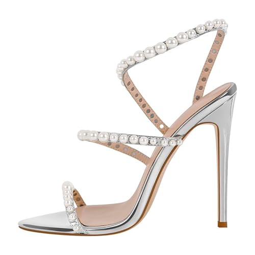blingqueen Damen Sandaletten High Heels Elegante Spitze Sandalen mit Perlen Riemchensandalen Slingback Brautschuhe Silber 41 EU blingqueen Damen Sandaletten High Heels Elegante Spitze Sandalen mit Perlen Riemchensandalen Slingback Brautschuhe Silber 41 EU von blingqueen