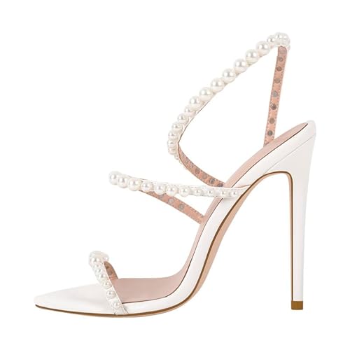 blingqueen Damen Sandaletten High Heels Elegante Spitze Sandalen mit Perlen Riemchensandalen Slingback Hochzeitsschuh Weiß 41 EU von blingqueen