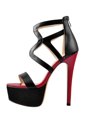 blingqueen Damen Sandaletten Plateau High Heels Riemchen Sommerschuhe Pfennigabsatz Sandalen Lederoptik Zweifarbig Schwarz Rot 43 EU von blingqueen