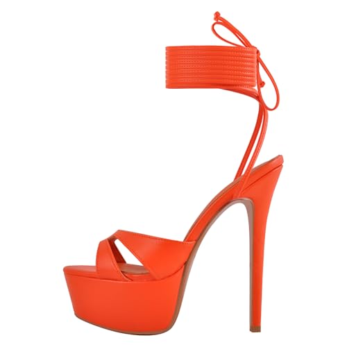blingqueen Damen Sandaletten Plateau Schnürsandalen Stiletto High Heels Gladiator Sandalen Glattleder Orange 38 EU von blingqueen