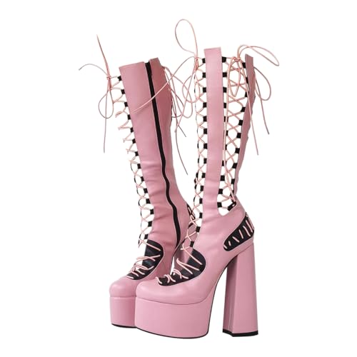blingqueen Damen Schaftsandalen Plateau Blockabsatz Stiefel Lolita Schuhe Sandaletten Schwarz Pink 42 EU von blingqueen