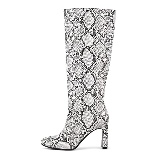 blingqueen Damen Schlangenoptik Stiefel Kniehoch High Heel Rund Zehe mit Reißverschluss Schwarz Weiß 35 EU von blingqueen