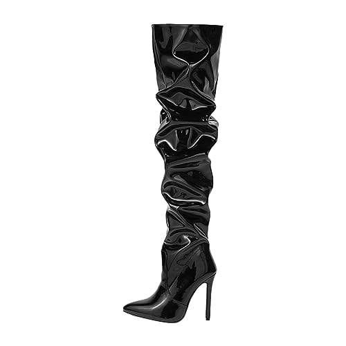 blingqueen Damen Schlupfstiefel Overknee Spitze Stiefel Stiletto Lack Schwarz 44 EU von blingqueen