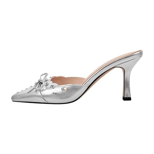 blingqueen Damen Slingback Spitze Sandalen Slip on mit Fliege und Strasssteinen PU Silber 35 EU von blingqueen