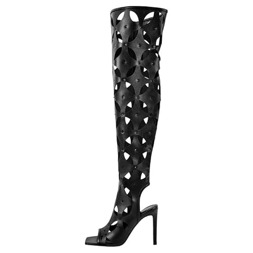 blingqueen Damen Sommer Stiefel Lochmuster Long Boots Eckige Zehenkappe mit Seitlichem Reißverschluss Slingback High Heels Schwarz 38 EU von blingqueen