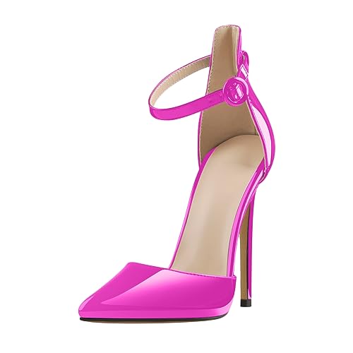 blingqueen Damen Spitze High Heels Stiletto Pumps Riemchen Schnalle Metallic Fuchsia 44 EU von blingqueen