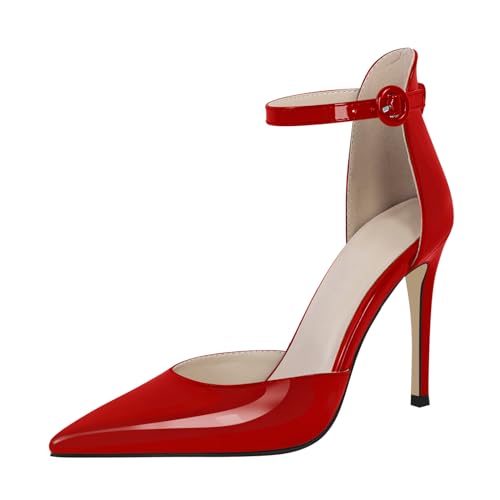 blingqueen Damen Spitze High Heels Stiletto Riemchen Pumps Lack Rot 38 EU von blingqueen