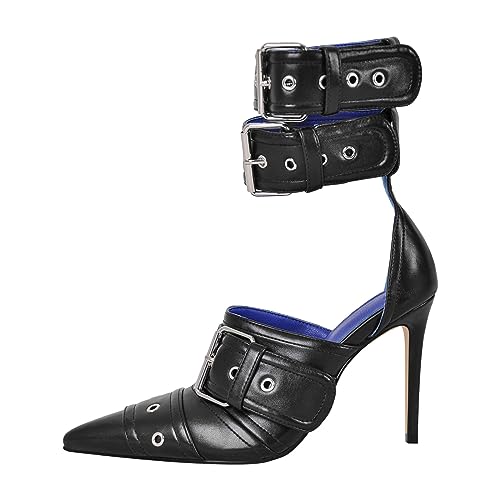 blingqueen Damen Spitze Pumps Stiletto Schnalle Punk High Heels Schwarz 44 EU von blingqueen