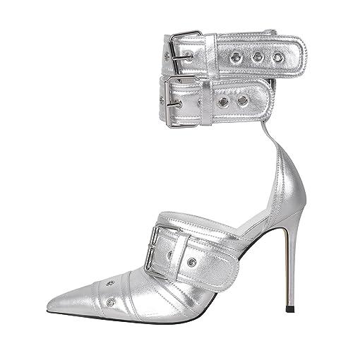 blingqueen Damen Spitze Riemchen Pumps Stiletto Schnalle Metallic Silber 37 EU von blingqueen