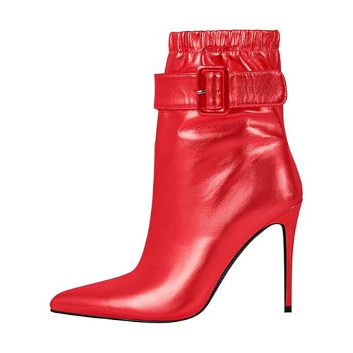 blingqueen Damen Spitze Stiefeletten Stiletto Kurzschaftstiefel High Heels mit Schnalle Reißverschluss Lederimitat Rot 42 EU von blingqueen