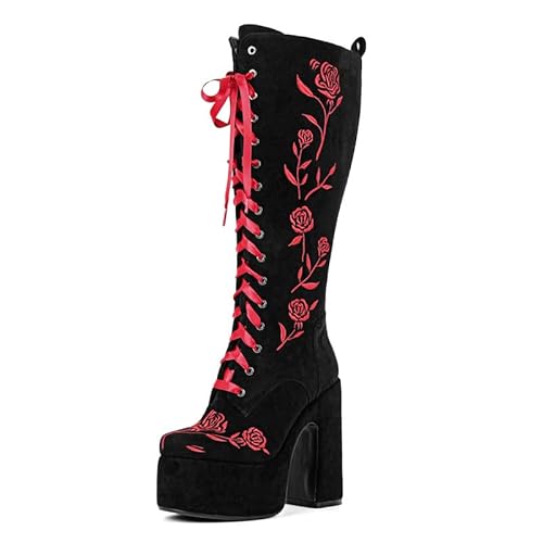 blingqueen Damen Stiefel High Heels Blockabsatz Plateausohle Rund Zehe Schnürung Reißverschluss Schwarz 35 EU von blingqueen