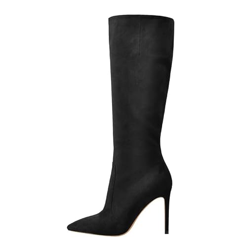 blingqueen Damen Stiefel Klassische Kniestiefel Spitze Stiletto Boots Wildlederoptik Schwarz 44 EU von blingqueen