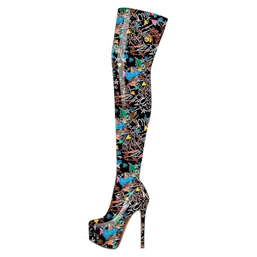 blingqueen Damen Stiefel Overknees Hoher Stiletto Absatz Runde Zehenkappe Plateau Überknie Reißverschluss Stretch Boots Abschlussball Party Lack Graffiti Schwarz 41 EU von blingqueen