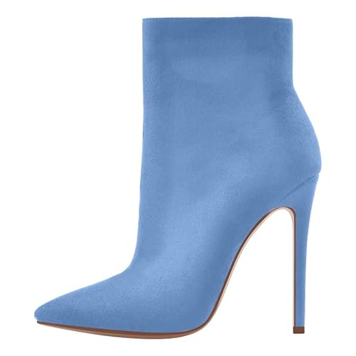 blingqueen Damen Stiefeletten Spitze Klassische Stiletto High Heels Ankle Boots Kurzschaftstiefel Veloursoptik Blau 44 EU von blingqueen