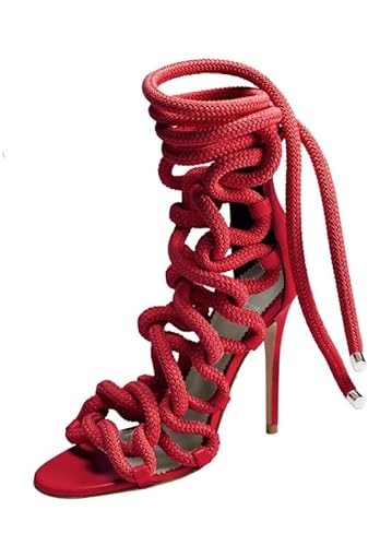 blingqueen Damen Stiletto High Heels Sandalen Römische Sandaletten mit Seil Lace up Heeled Sandals Rot 45 EU von blingqueen