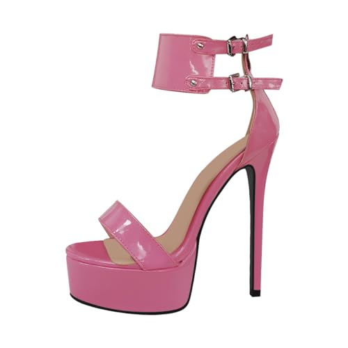 blingqueen Damen Stiletto High Heels Sandaletten Plateau Sandalen Lack Pink 45 EU von blingqueen