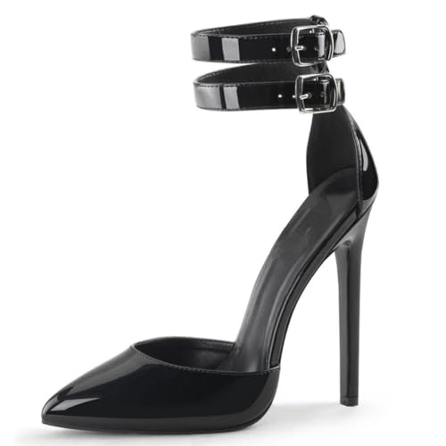 blingqueen Damen Stiletto High Heels Spitze Pumps mit Knöchelriemchen Schnalle Metallic Schwarz 45 EU von blingqueen