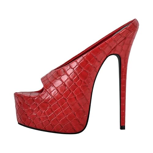 blingqueen Damen Stiletto Sandalen Pantoletten High Heels Plateau Peeptoe Sandaletten mit Glatt Reptiloptik Rot 40 EU von blingqueen