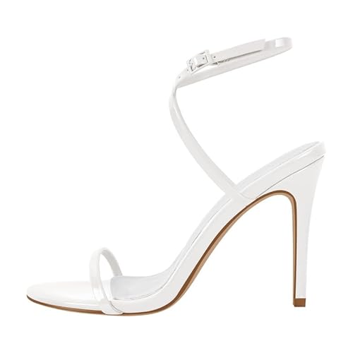 blingqueen Damen Stiletto Sandaletten Riemchensandalen High Heels Runde Offene Sommerschuhe Slingback Lackleder Weiß 35 EU von blingqueen